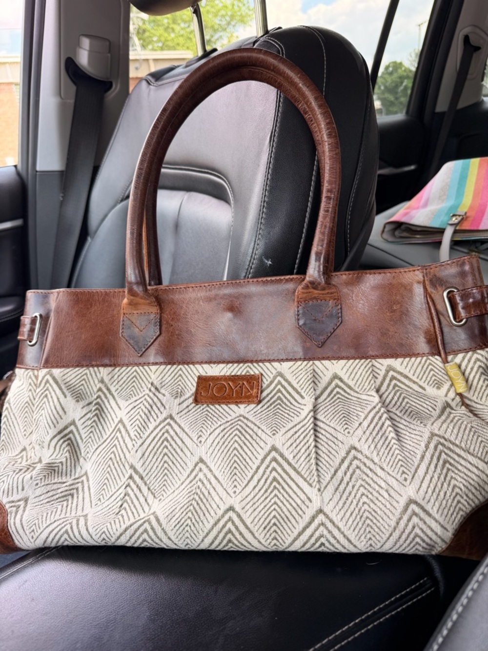 JOYN Brown Leather-Trim Chevron Canvas Tote Bag